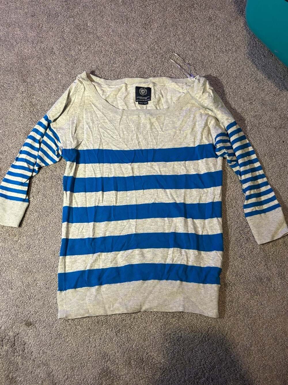 American Eagle Womens Sweater XS Gray Blue Striped Scoop Neck 3/4 Sleeve